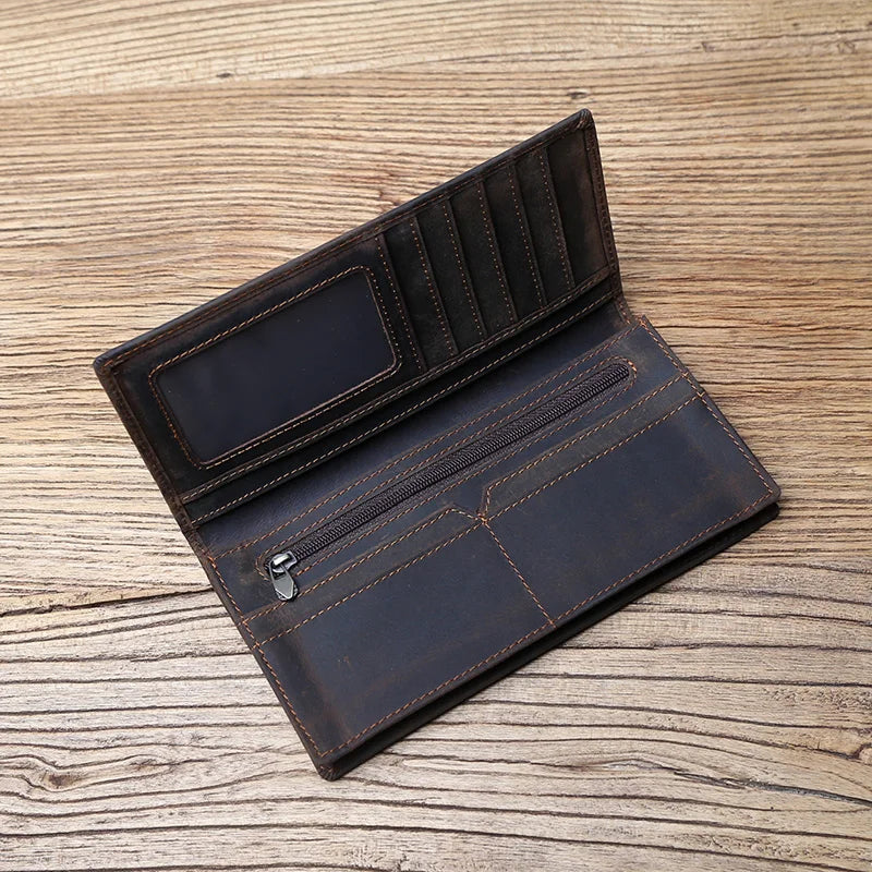 Portefeuille long homme en cuir véritable vintage avec porte-cartes et compartiment téléphone