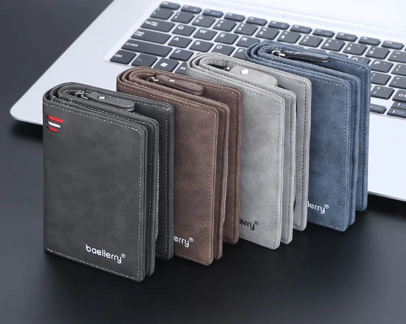 Portefeuille homme court en cuir pu vintage à grande capacité avec poche monnaie zippée