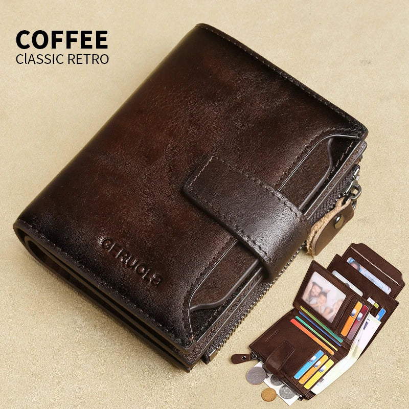 Portefeuille homme cuir véritable vintage RFID avec zip et porte-cartes multifonction