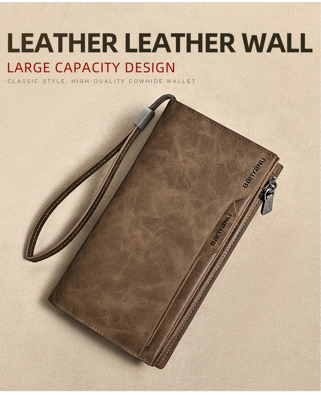 Portefeuille homme long en cuir vintage, 26 emplacements