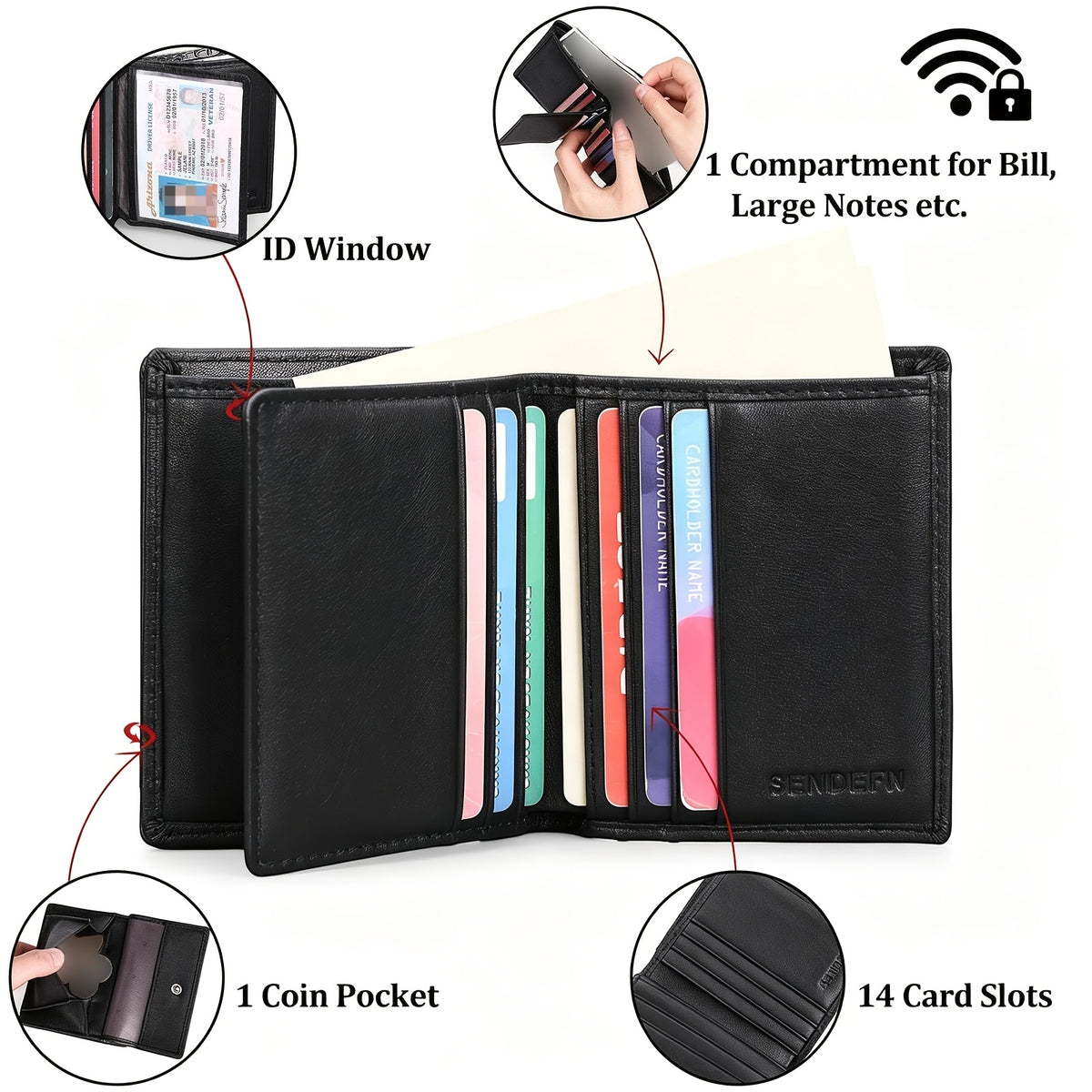 Portefeuille homme à quatorze fentes, doublure anti-RFID PU