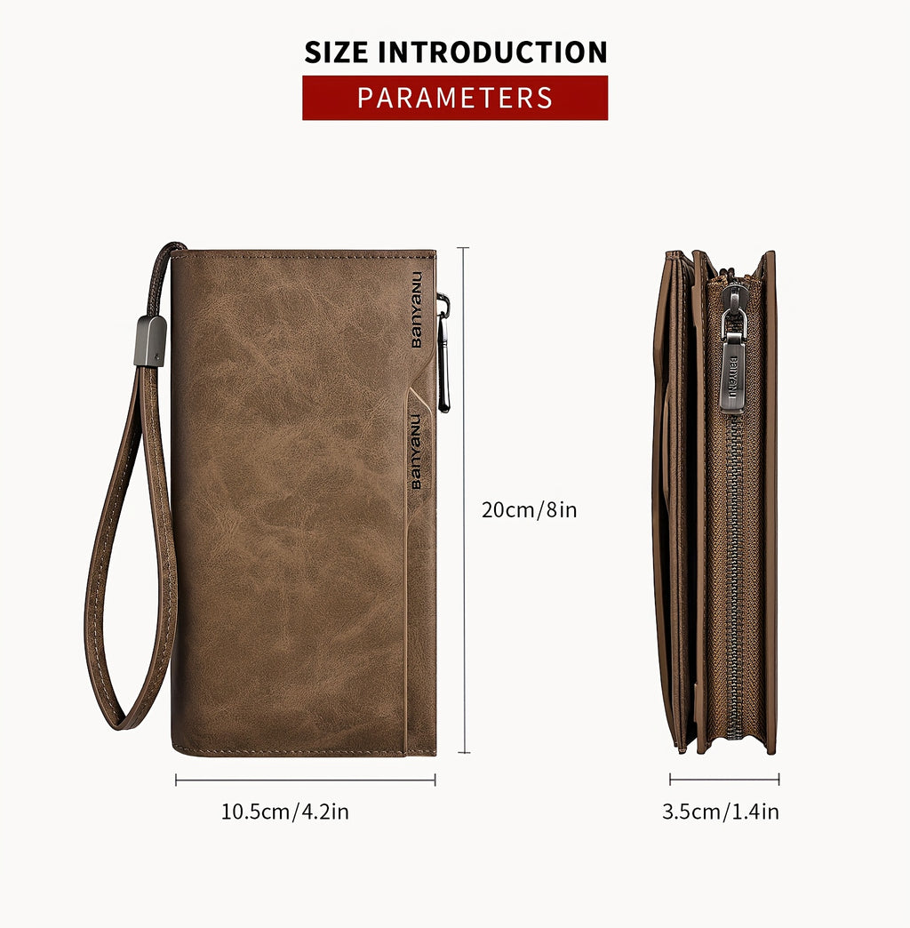 Portefeuille homme long en cuir vintage, 26 emplacements