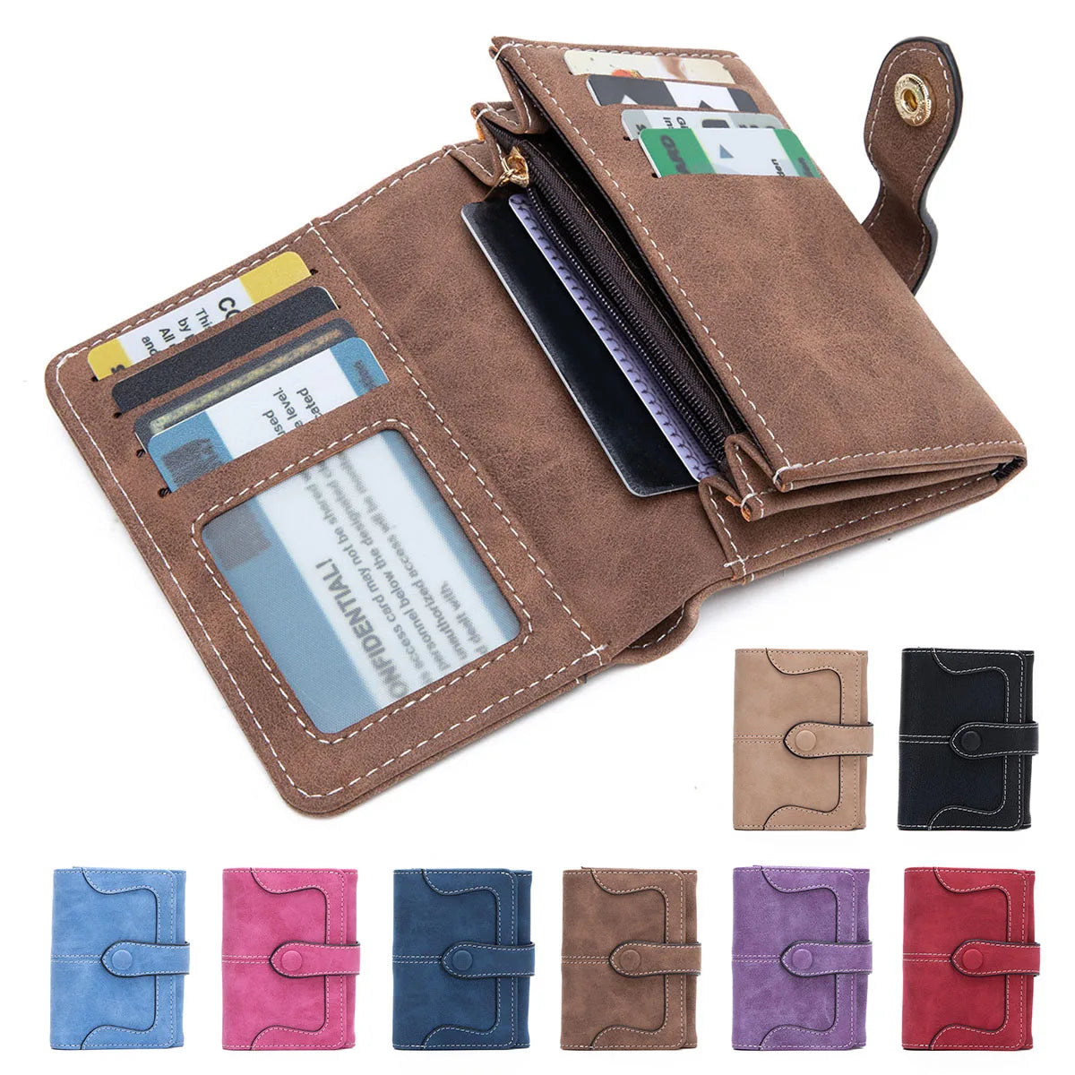 Portefeuille femme compact vintage en cuir PU avec rabat, zip et grande capacité