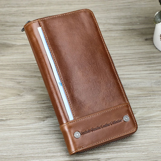 Portefeuille long homme en cuir véritable avec RFID, zip et compartiment téléphone grande capacité