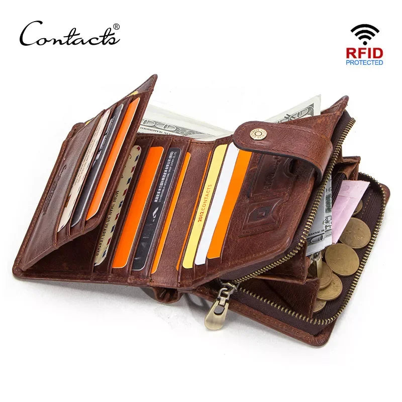 Portefeuille en cuir véritable Crazy Horse pour homme – Portefeuille avec porte-cartes, porte-monnaie et protection RFID, style vintage