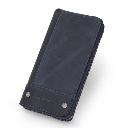 Portefeuille long homme en cuir véritable avec RFID, zip et compartiment téléphone grande capacité