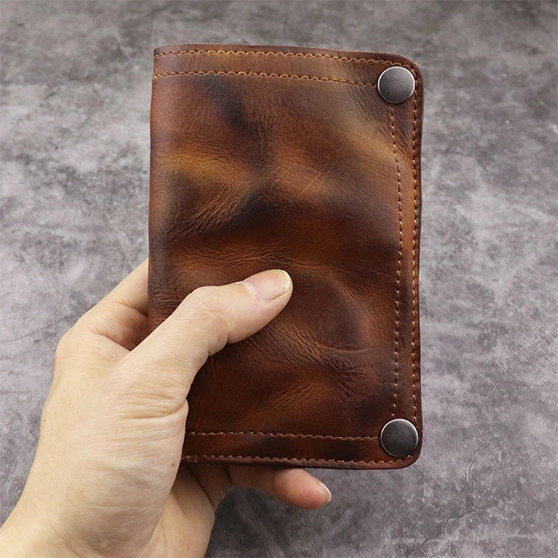 Portefeuille homme cuir véritable vertical vintage compact avec bouton pression