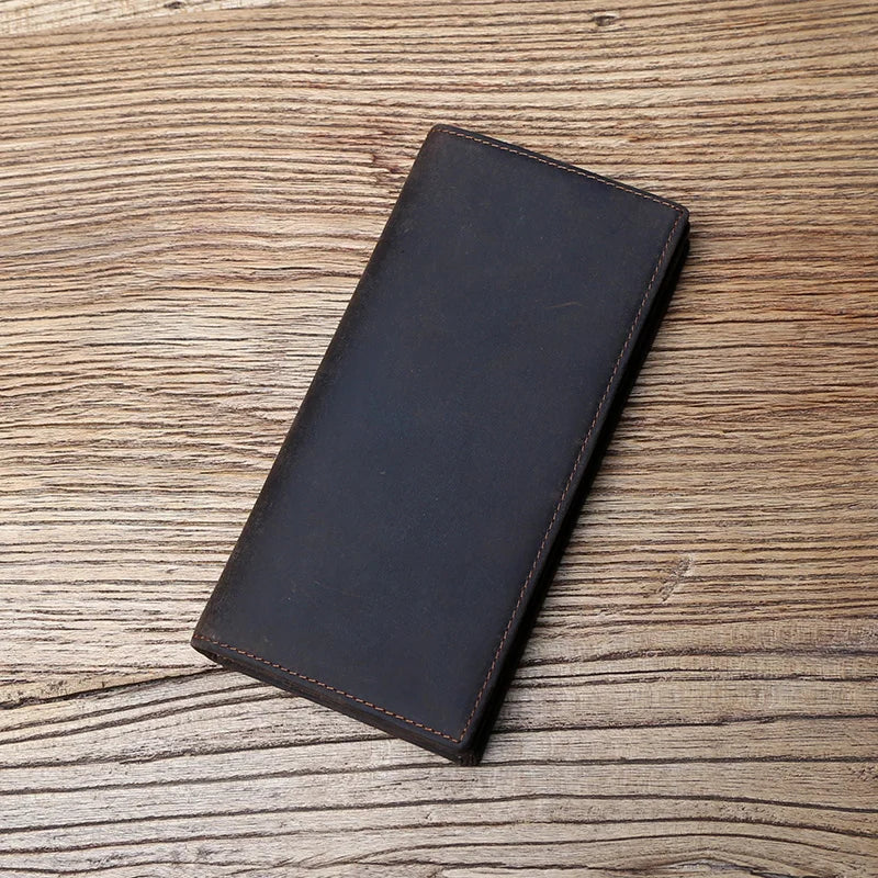 Portefeuille long homme en cuir véritable vintage avec porte-cartes et compartiment téléphone