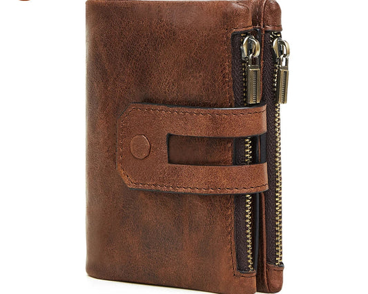 Portefeuille homme joyir en cuir véritable vintage avec double zip et protection RFID