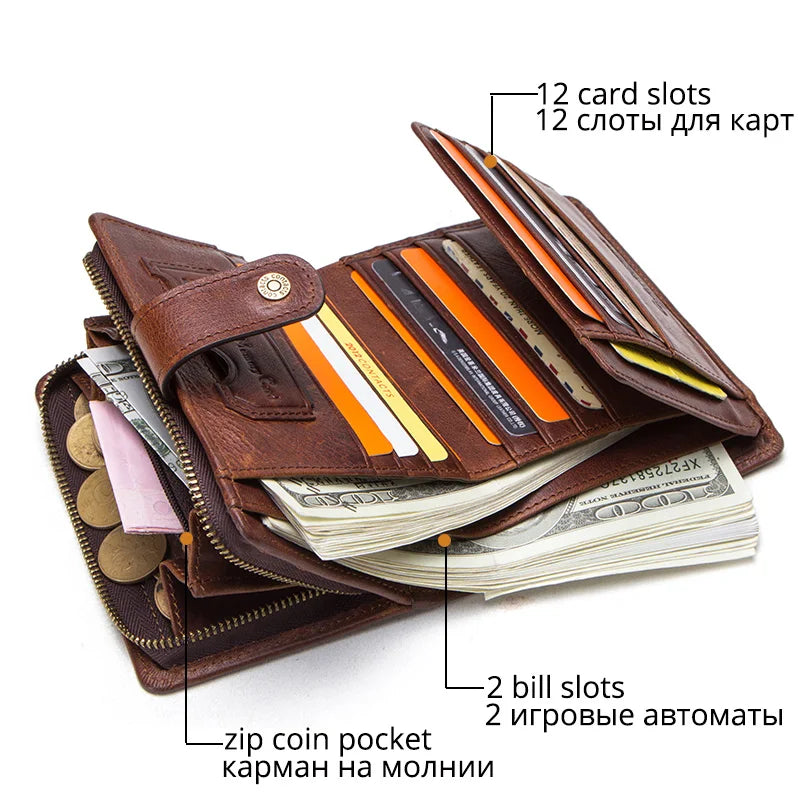 Portefeuille en cuir véritable Crazy Horse pour homme – Portefeuille avec porte-cartes, porte-monnaie et protection RFID, style vintage