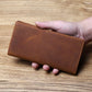 Portefeuille long homme en cuir véritable vintage avec porte-cartes et compartiment téléphone