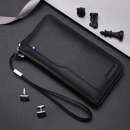 Portefeuille long en cuir véritable – Portefeuille RFID avec fermeture éclair, porte-cartes et poche à monnaie