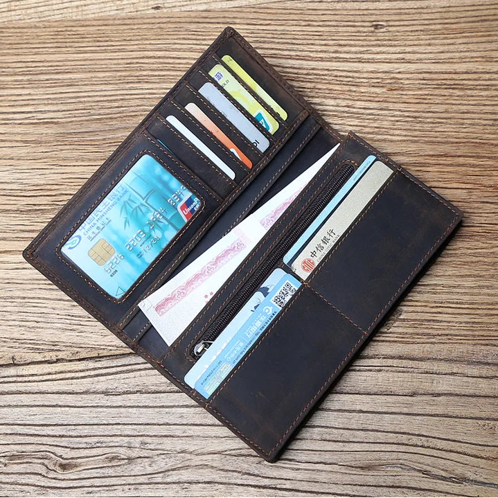 Portefeuille long homme en cuir véritable vintage avec porte-cartes et compartiment téléphone