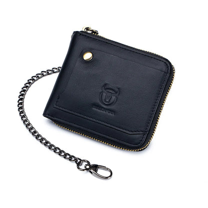 Portefeuille homme en cuir véritable RFID avec chaîne zippé compact vintage