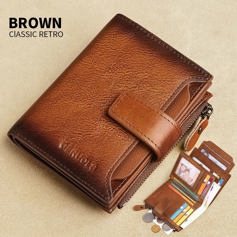 Portefeuille homme cuir véritable vintage RFID avec zip et porte-cartes multifonction