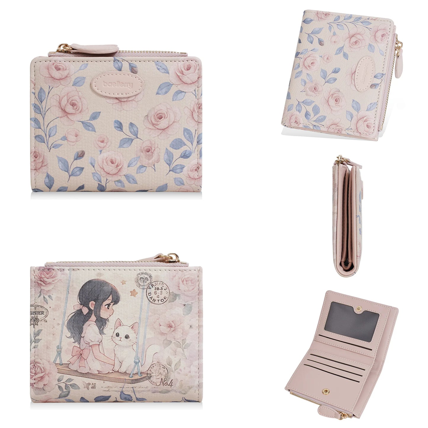 Portefeuille enfant à motif fille cartoon en cuir PU et porte-photo