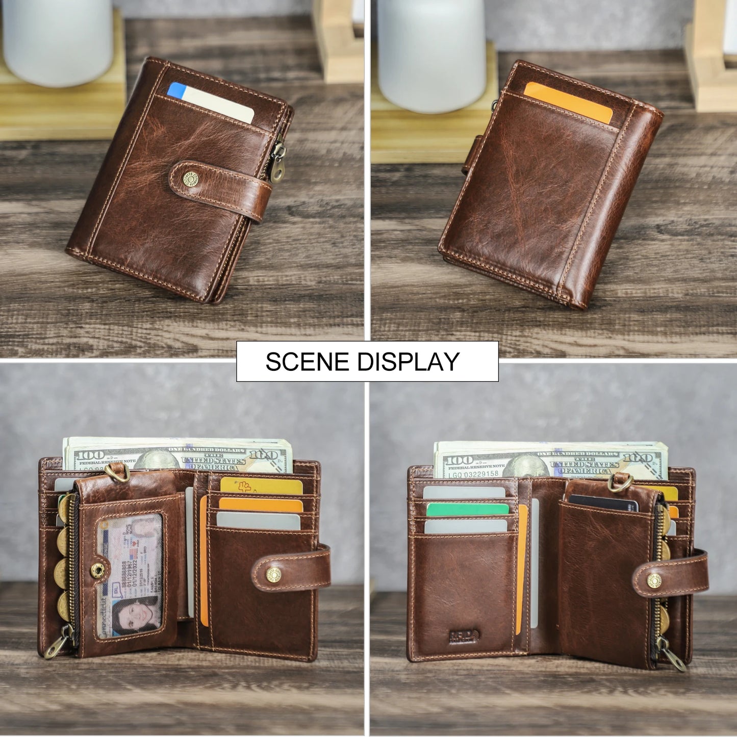 Portefeuille homme en cuir véritable pleine fleur avec porte-monnaie zippé