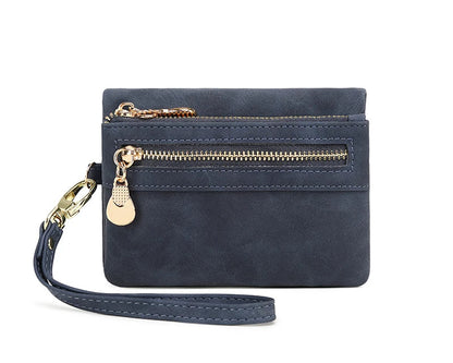 Portefeuille femme compact en cuir PU avec zip, dragonne et compartiments multiples