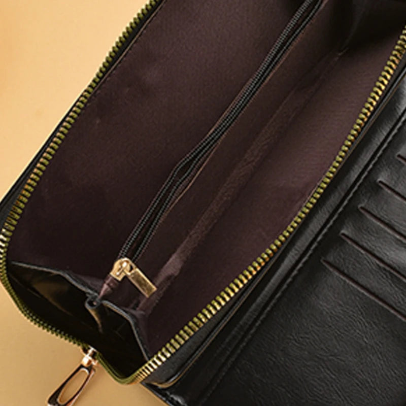 Portefeuille long femme vintage en cuir PU avec zip, rabat et grande capacité multifonction