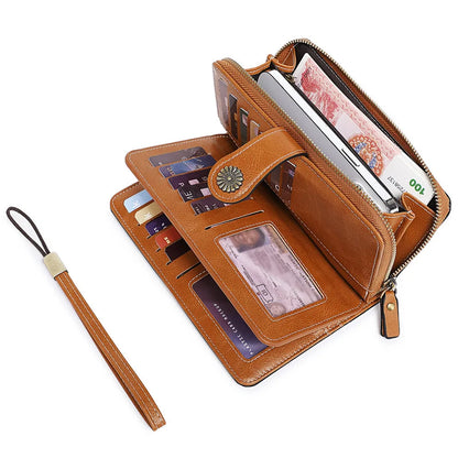 Portefeuille long femme en cuir PU multifonction avec zip, rabat et grande capacité élégante