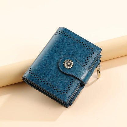 Portefeuille court en cuir véritable pour femme avec protection RFID et style tournesol