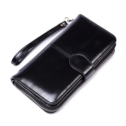 Portefeuille long femme vintage en cuir PU avec zip, rabat et grande capacité multifonction