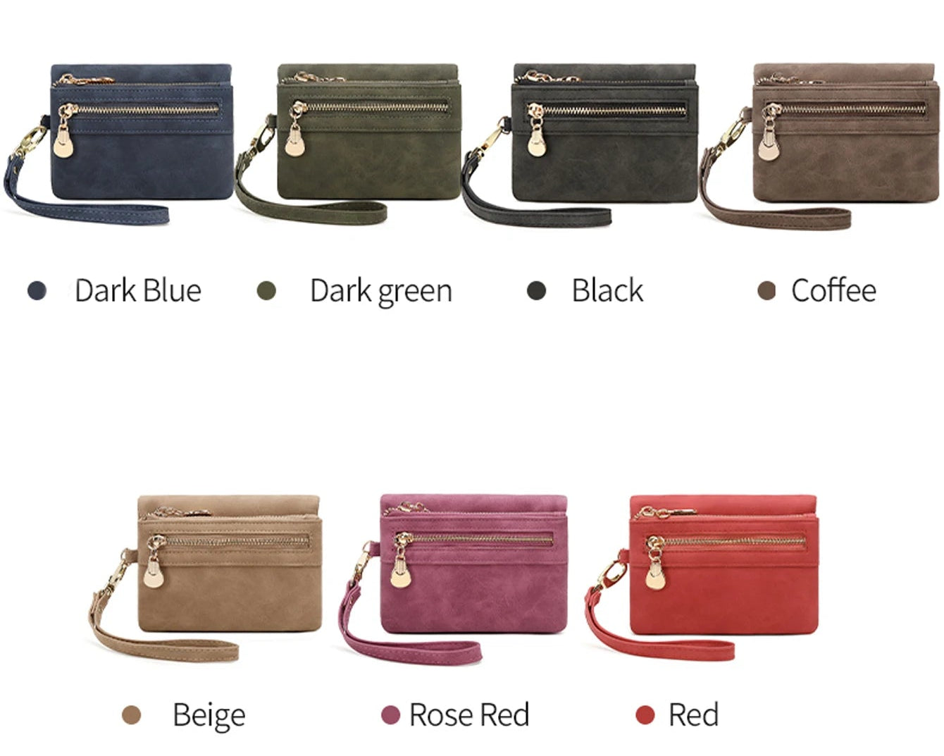 Portefeuille femme compact en cuir PU avec zip, dragonne et compartiments multiples
