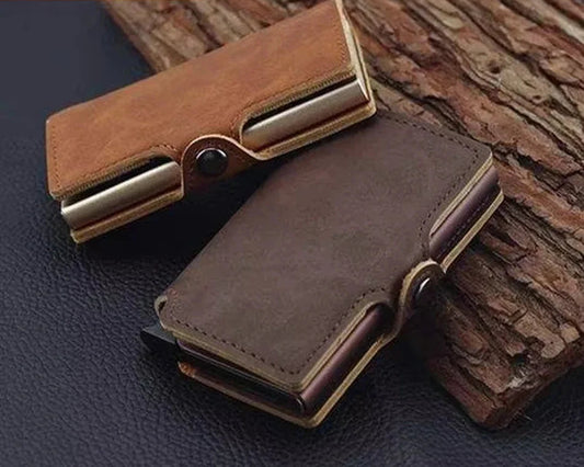 Portefeuille RFID en cuir refendu et aluminium slim avec porte-cartes sécurisé compact