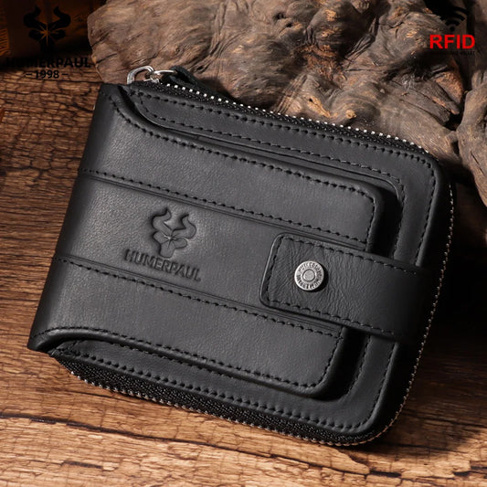 Portefeuille homme cuir véritable RFID grande capacité zip et rabat sécurisé