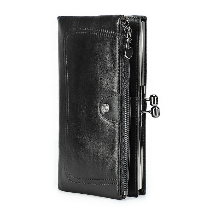 Portefeuille long femme en cuir véritable avec cadre métallique zip et grande capacité