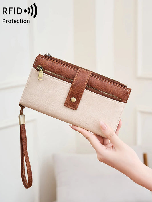 Portefeuille compagnon en cuir pu pour femme avec protection RFID et dragonne amovible