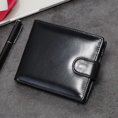 Portefeuille homme cuir véritable trifold noir avec bouton pression et porte-cartes