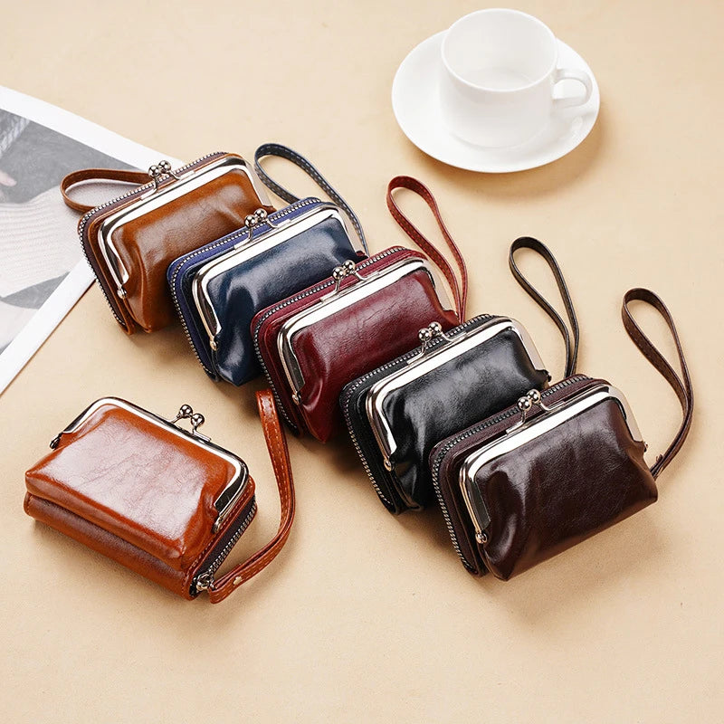 Portefeuille femme compact vintage en cuir PU avec fermoir clip et dragonne