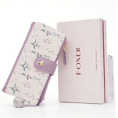 Portefeuille long femme floral en cuir PU avec zip et rabat grande capacité élégant