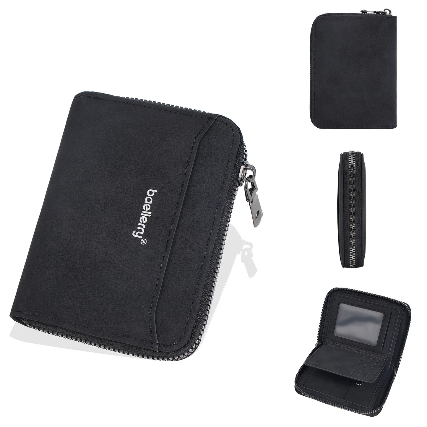 Portefeuille homme compact en cuir PU effet suédé avec zip et porte-cartes multifonction