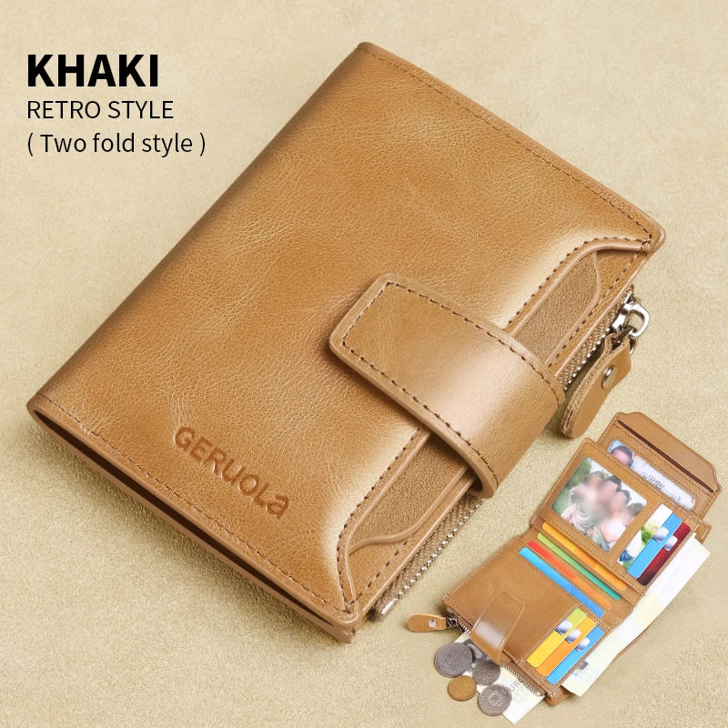 Portefeuille homme cuir véritable vintage RFID avec zip et porte-cartes multifonction