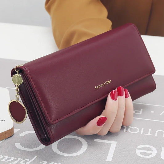 Portefeuille long trifold en cuir PU pour femme avec porte-cartes chic