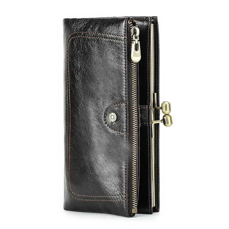 Portefeuille long femme en cuir véritable avec cadre métallique zip et grande capacité