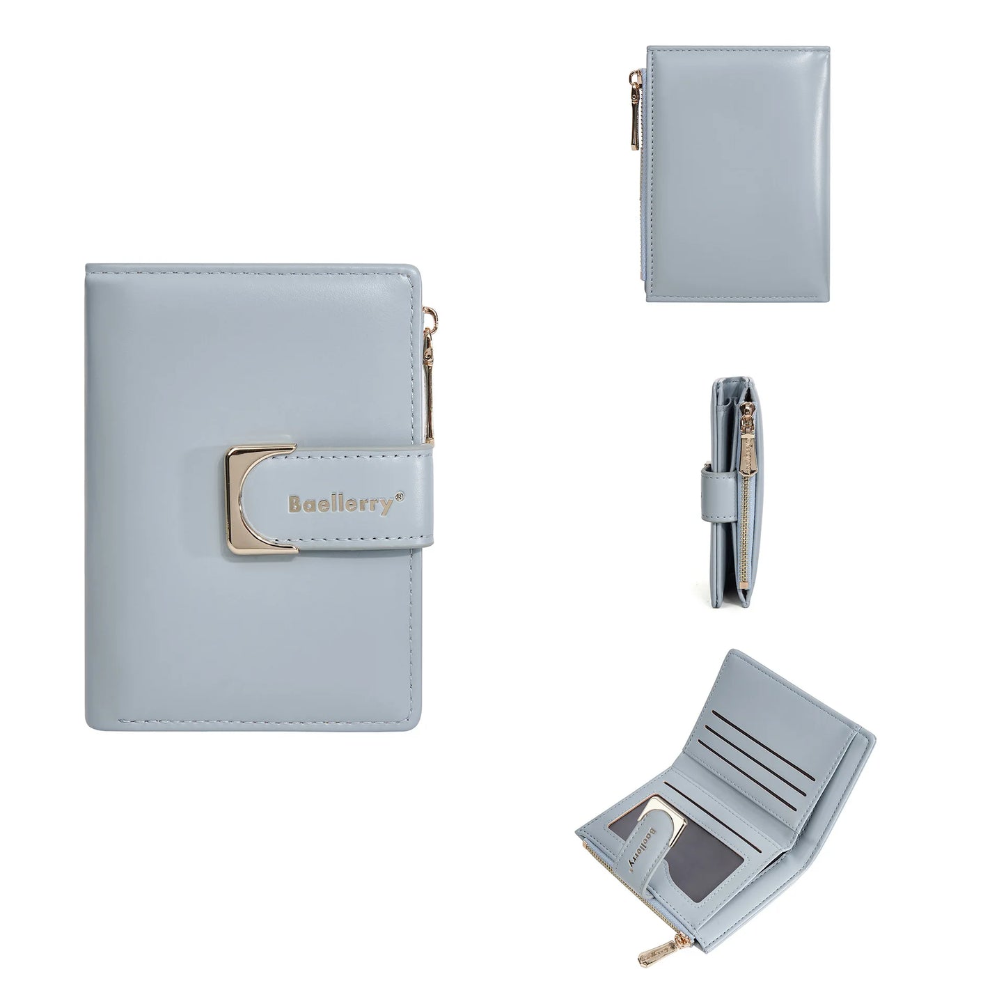 Portefeuille femme compact en cuir PU avec fermeture zippée et bouton élégant