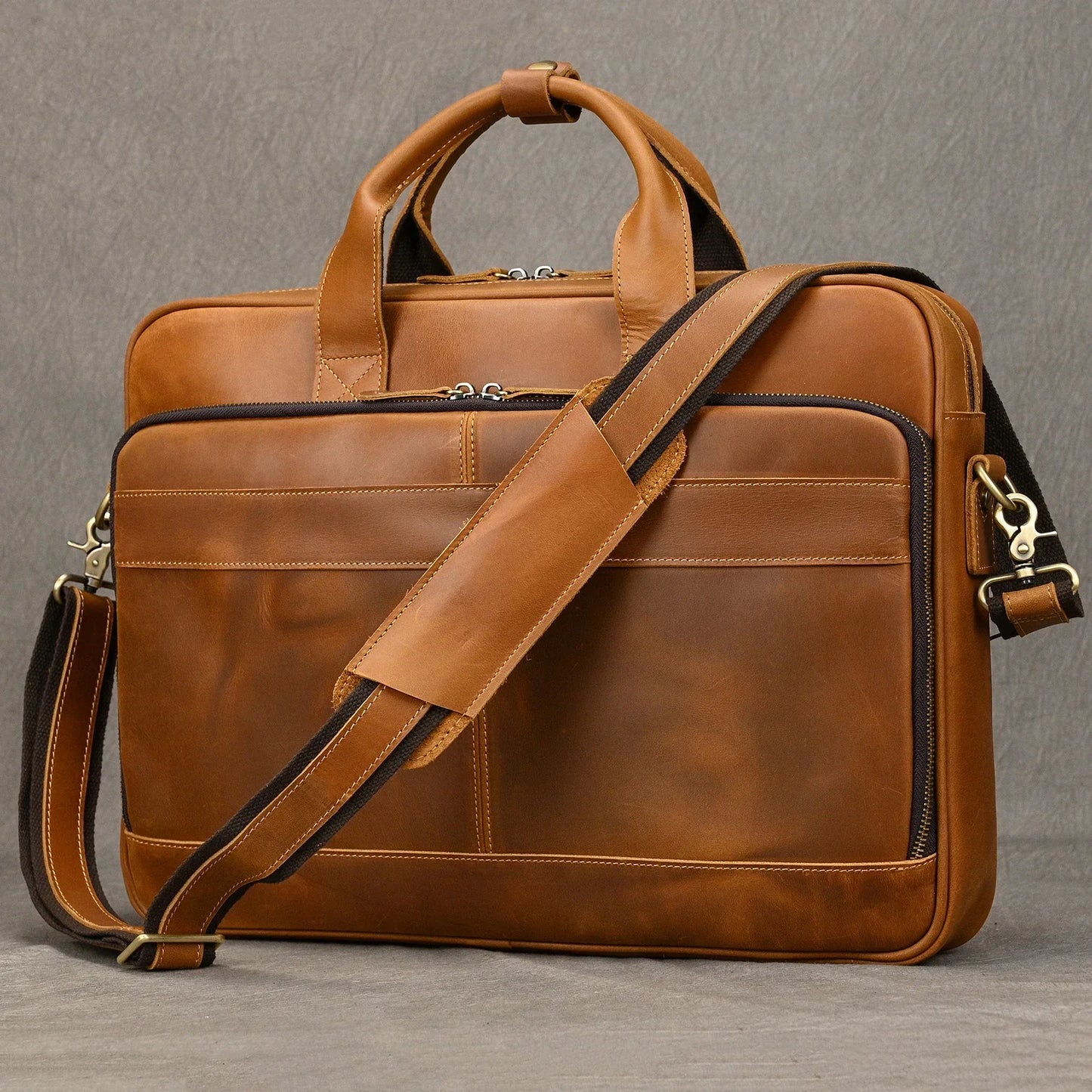 Mallette rétro en cuir véritable pour homme - Sacoche ordinateur 15,6" et porte-documents vintage