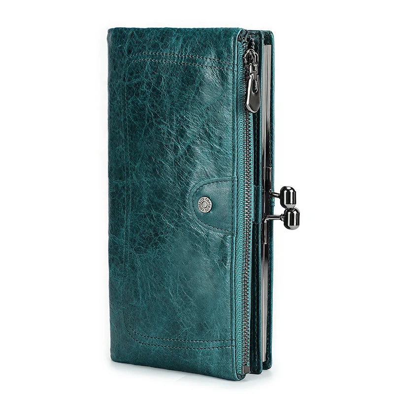 Portefeuille long femme en cuir véritable avec cadre métallique zip et grande capacité