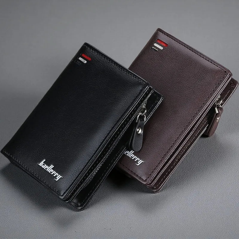 Portefeuille homme court en cuir pu vintage à grande capacité avec poche monnaie zippée