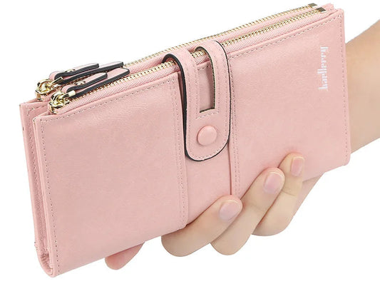 Portefeuille long en cuir pu souple avec boucle et double zip pour femme