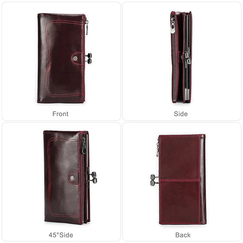 Portefeuille long femme en cuir véritable avec cadre métallique zip et grande capacité