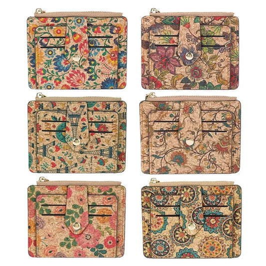 Porte-monnaie en liège ethnique zippé ultra-fin multi-compartiments compact