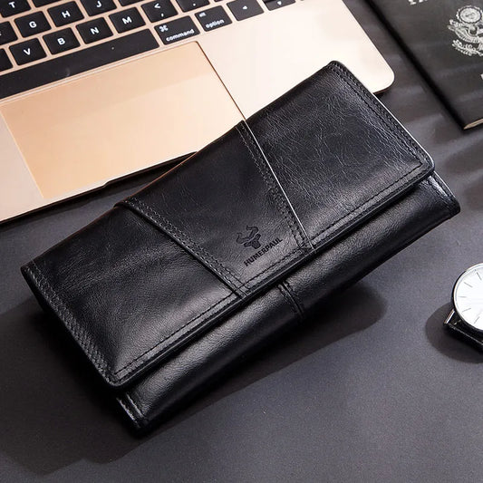 Portefeuille long en cuir véritable pour femme avec porte-téléphone