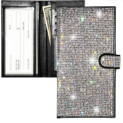 Portefeuille chéquier femme strass en cuir PU avec protection RFID et porte-cartes