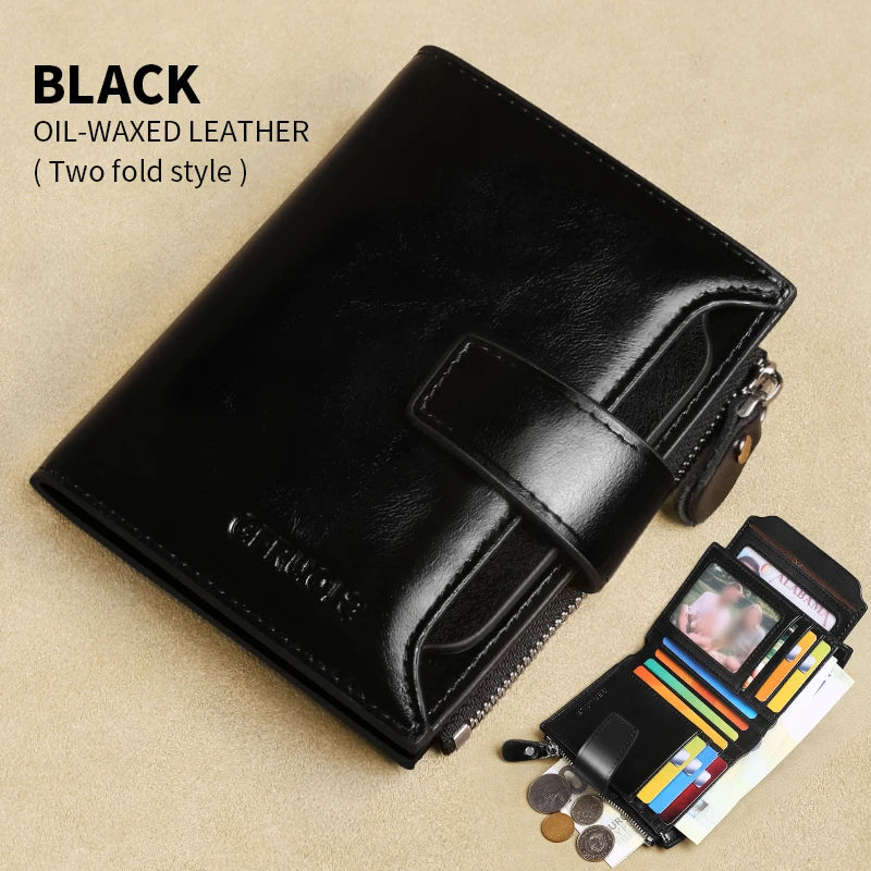 Portefeuille homme cuir véritable vintage RFID avec zip et porte-cartes multifonction