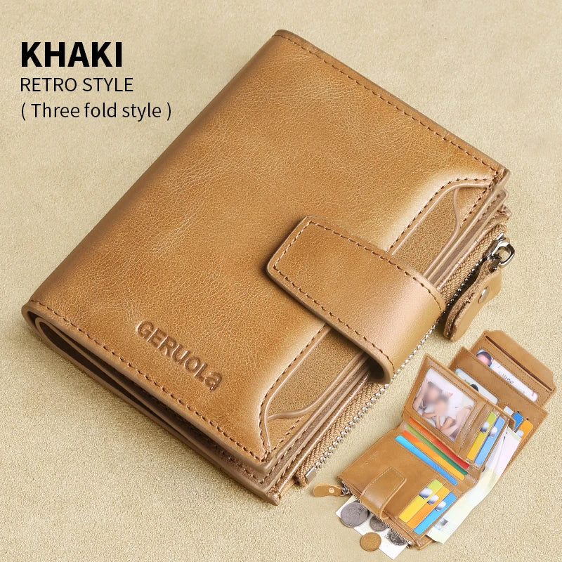 Portefeuille homme cuir véritable vintage RFID avec zip et porte-cartes multifonction