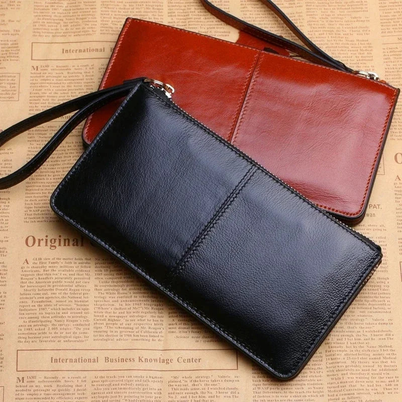 Portefeuille femme long en cuir PU vintage avec zip et dragonne grande capacité